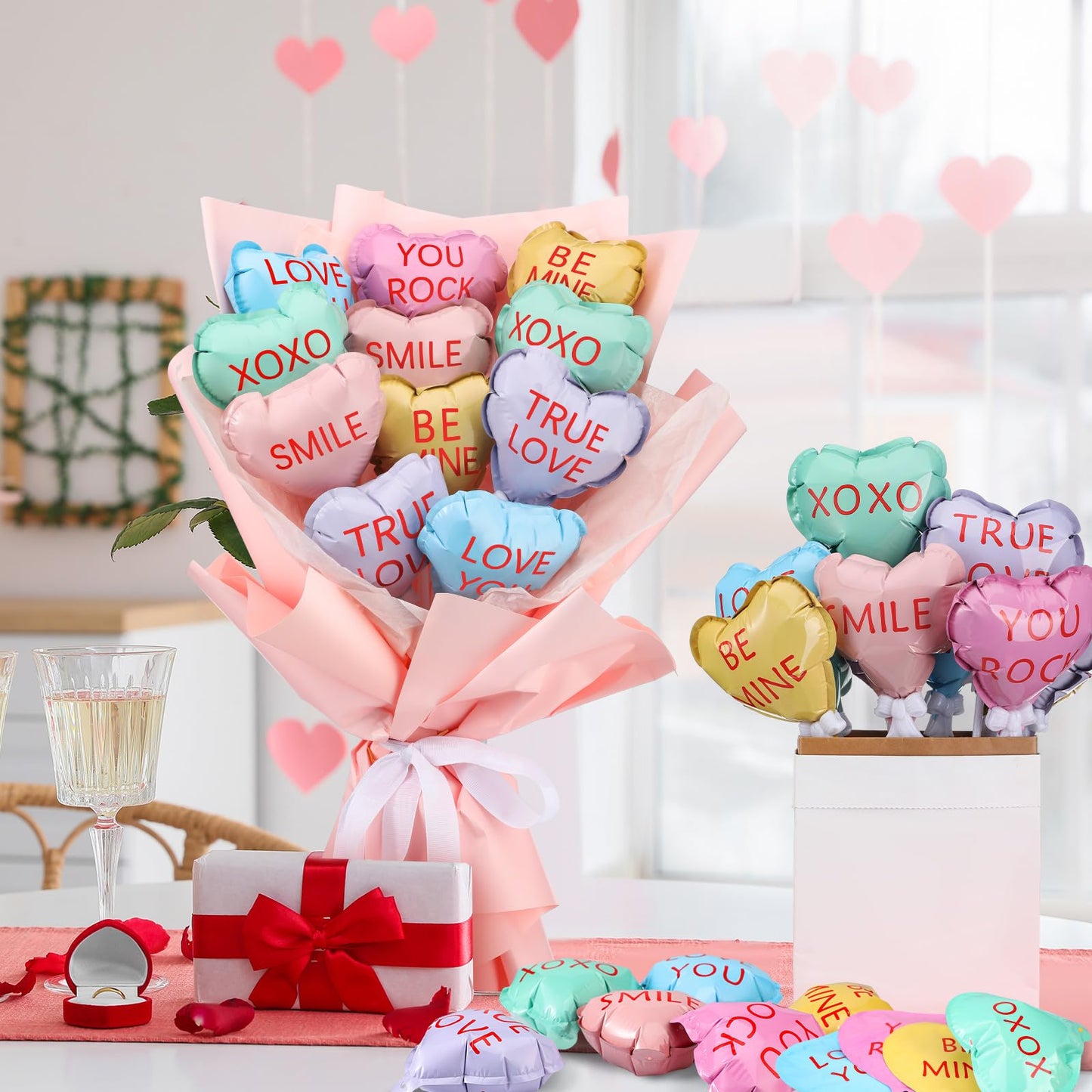 Gemscream 24 Pcs Valentines Day Conversation Heart Balloons Self Inflatable Heart Balloons with Bow Rod 4 Inch Mini Valentine D