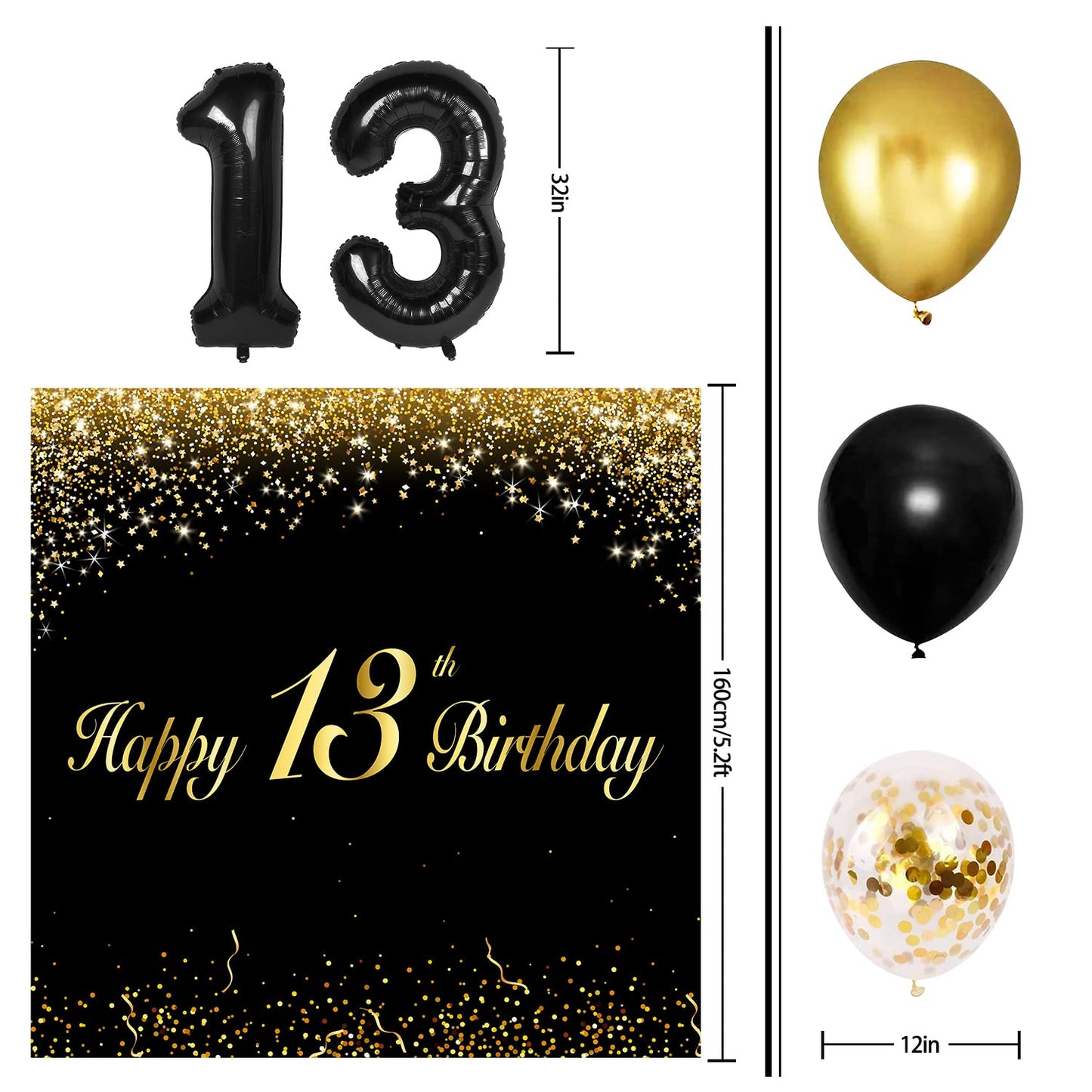 Happy 13Th Birthday Balloons Black Set Decor - Cheers To 13 Years Old Party Theme Garland Banner Backdrop Decorations For Boy An