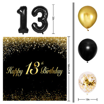 Happy 13Th Birthday Balloons Black Set Decor - Cheers To 13 Years Old Party Theme Garland Banner Backdrop Decorations For Boy An