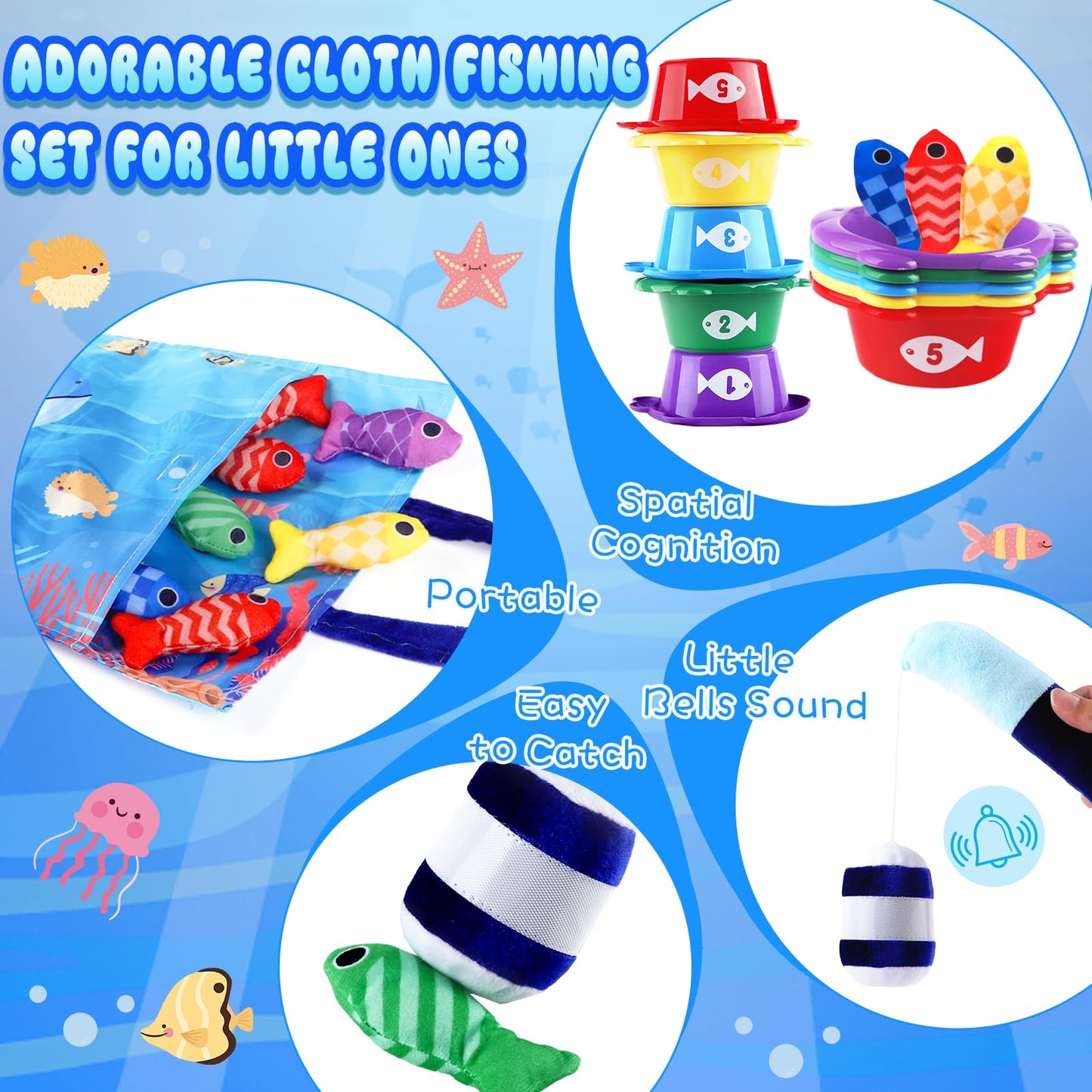 Montessori Fish Toys, 22 Pcs Cloth Fishing Game For Toddlers 6 To 12 Months Girls Boys, Baby'S Sensory Toy With Stacking Cups, N