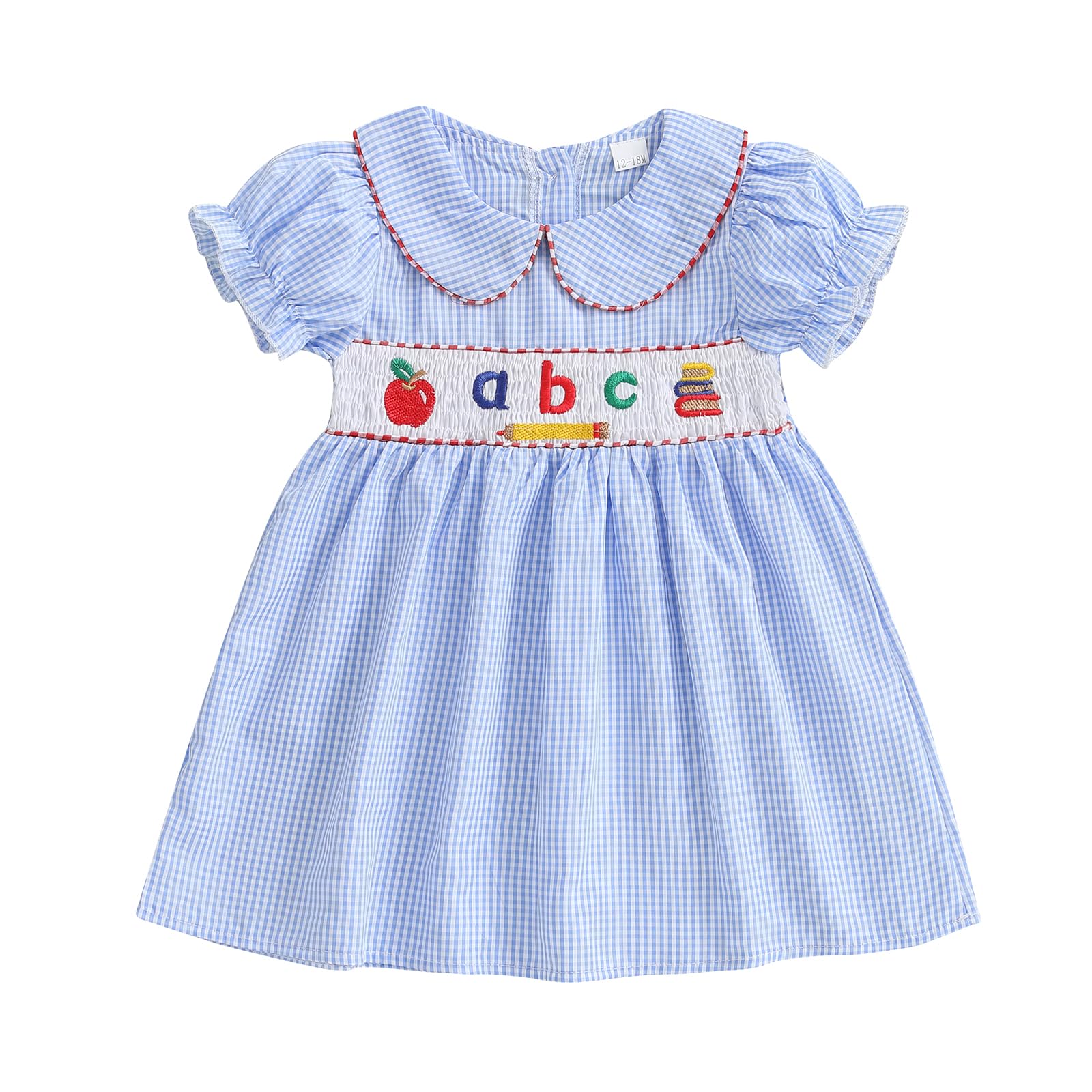 Toddler Girl Back To School Clothes Embroidery Smocked Dress Doll Collar Sundress First Day Of Pre Kindergarten Outfit (Abc Appl