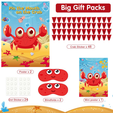 Neburora 2 Pack Pin The Mouth On The Crab Party Game 2 Large 21''X 28'' Posters With 48Pcs Stickers Ocean-Themed Birthday Party