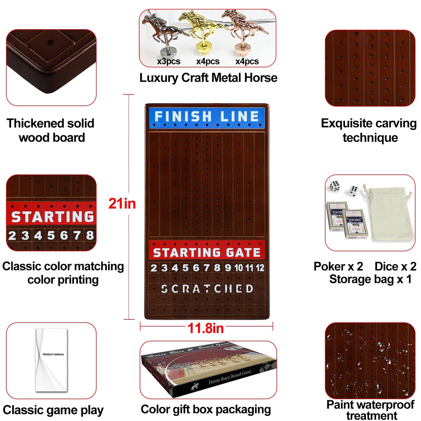 Grhonior 21 Inches Horse Racing Board Game Wooden Finish Line Race Horse for Family and mature-themed Party with 11 Metal Horses Classic Card and Dice Horse Track Tabletop Game Nights