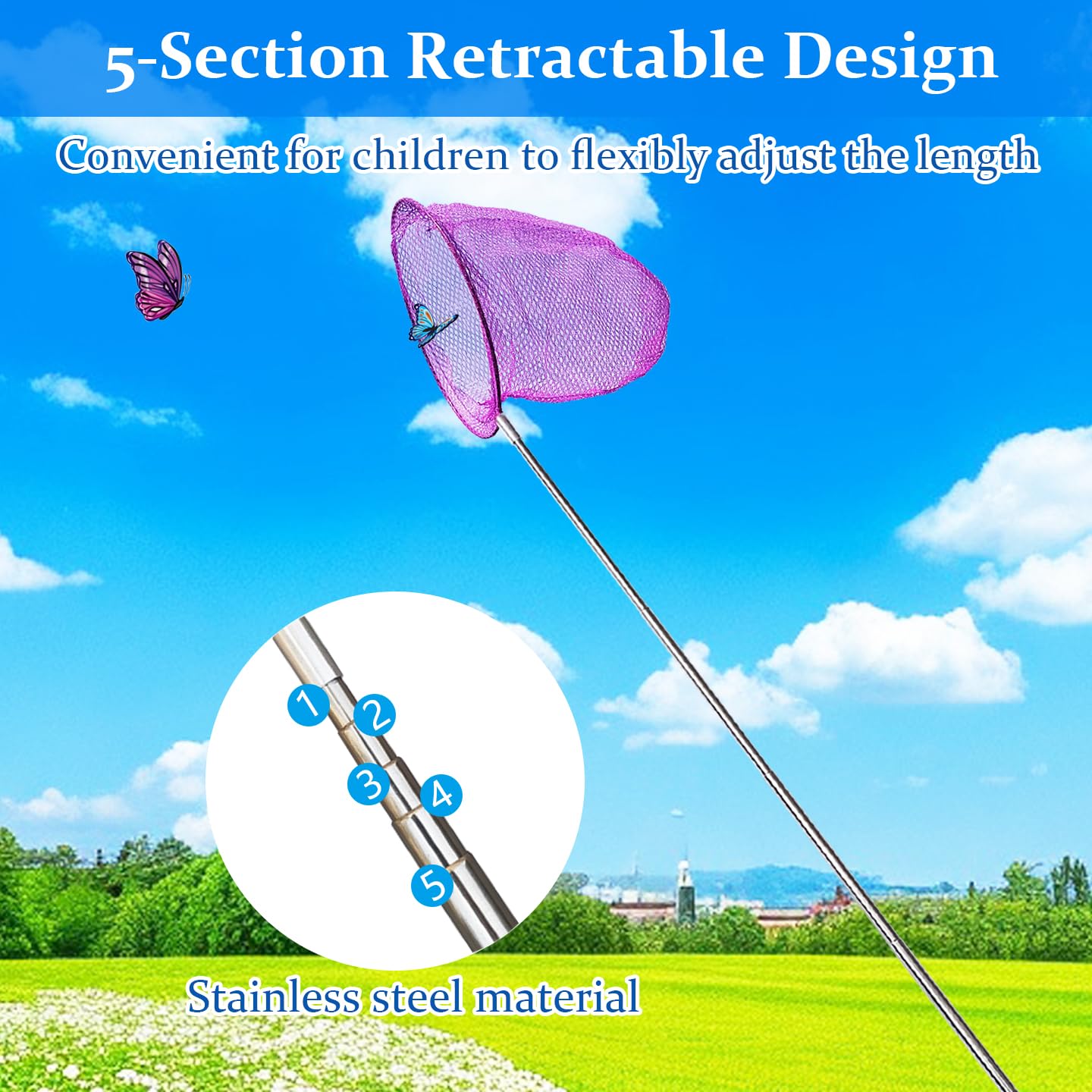 6 Pack Insect Catching Nets, Telescopic Stainless Steel Pole, Fishing Nets,Butterfly Nets, Nature Exploration Toys For Kids Outd