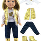 American Fashion World Gold Heart Vest Outfit for 14-Inch Dolls | 4 Piece Set | enhanced Quality & Trendy Design | Dolls Clothes | Outfit Fashions for Dolls for Popular Brands