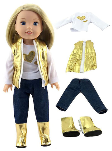 American Fashion World Gold Heart Vest Outfit for 14-Inch Dolls | 4 Piece Set | enhanced Quality & Trendy Design | Dolls Clothes | Outfit Fashions for Dolls for Popular Brands