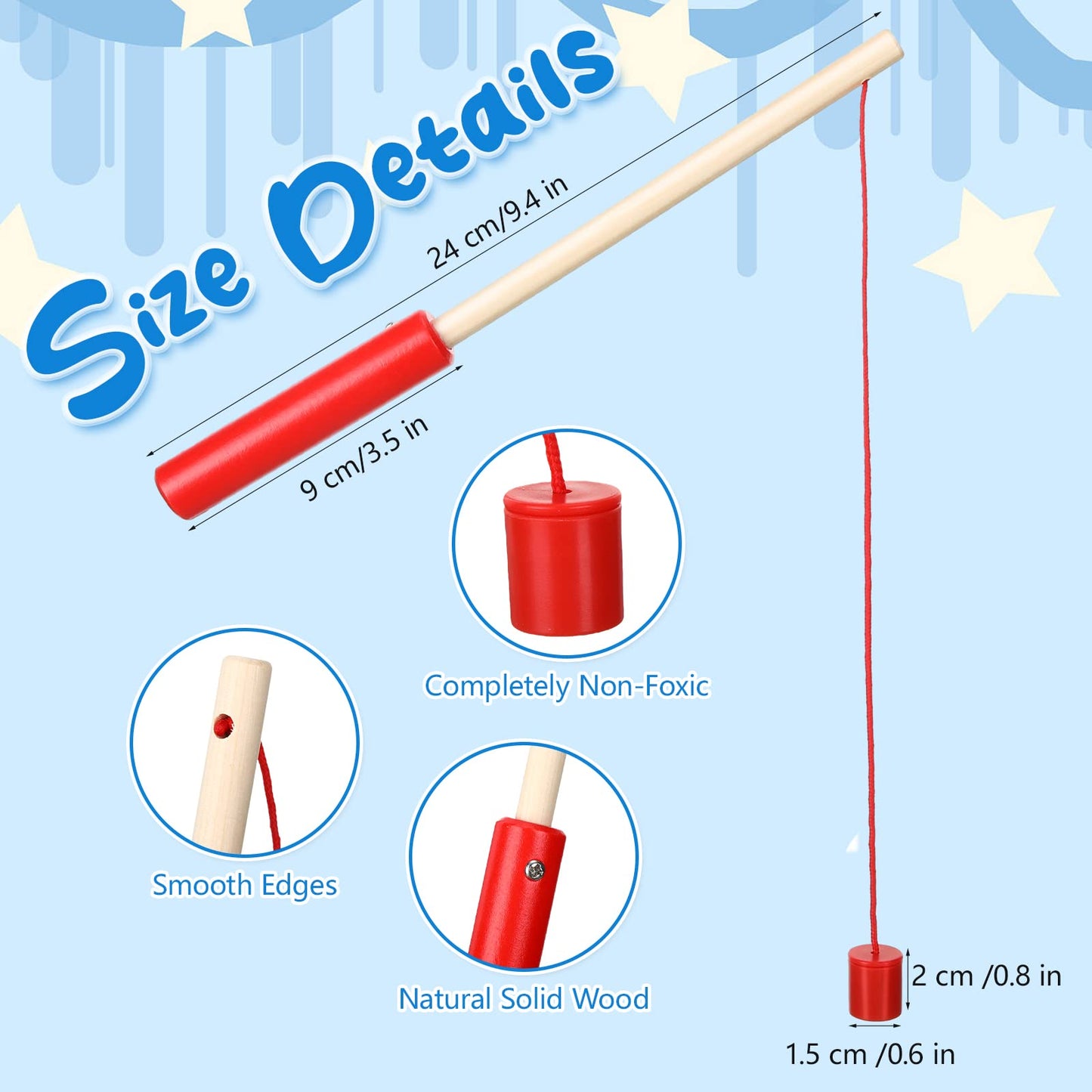 Sumind Magnetic Fishing Pole Set - 6 Wooden Rods with Magnet Hooks - Red - Perfect for Christmas & Birthday Party Games