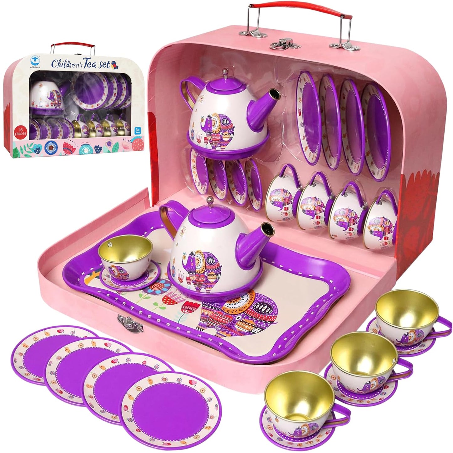 Kiddie Play Tea Set For Little Girls, Pretend Play Tea Party Set, Elephant Design Kids Tin Tea Set With Carrying Case (15 Pcs)