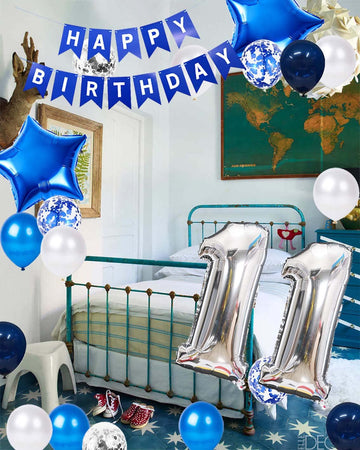 11Th Birthday Party Decoration For Boys, Happy Birthday Banner Blue Number 11 Birthday Balloons 11Th Birthday Latex Confetti Bal