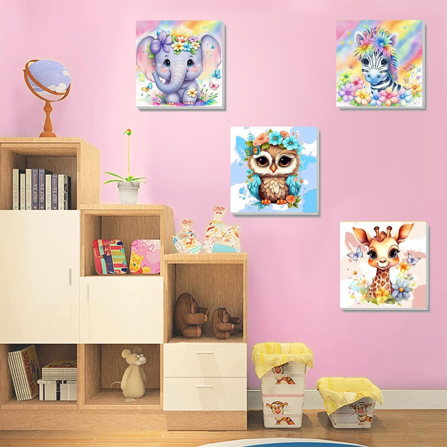 4 Pack Animal Paint By Number For Kids With Wooden Frame-Paint By Numbers For Kids Animals Ages 4-8-12,Easy Elephant Owl Giraffe