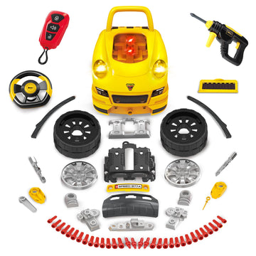 Deejoy Large Truck Builder Kit for Toddlers 3-5, Yellow Mechanic Workshop Set with Light & Sound, Removable Engine, 15.3x18.7 Inch
