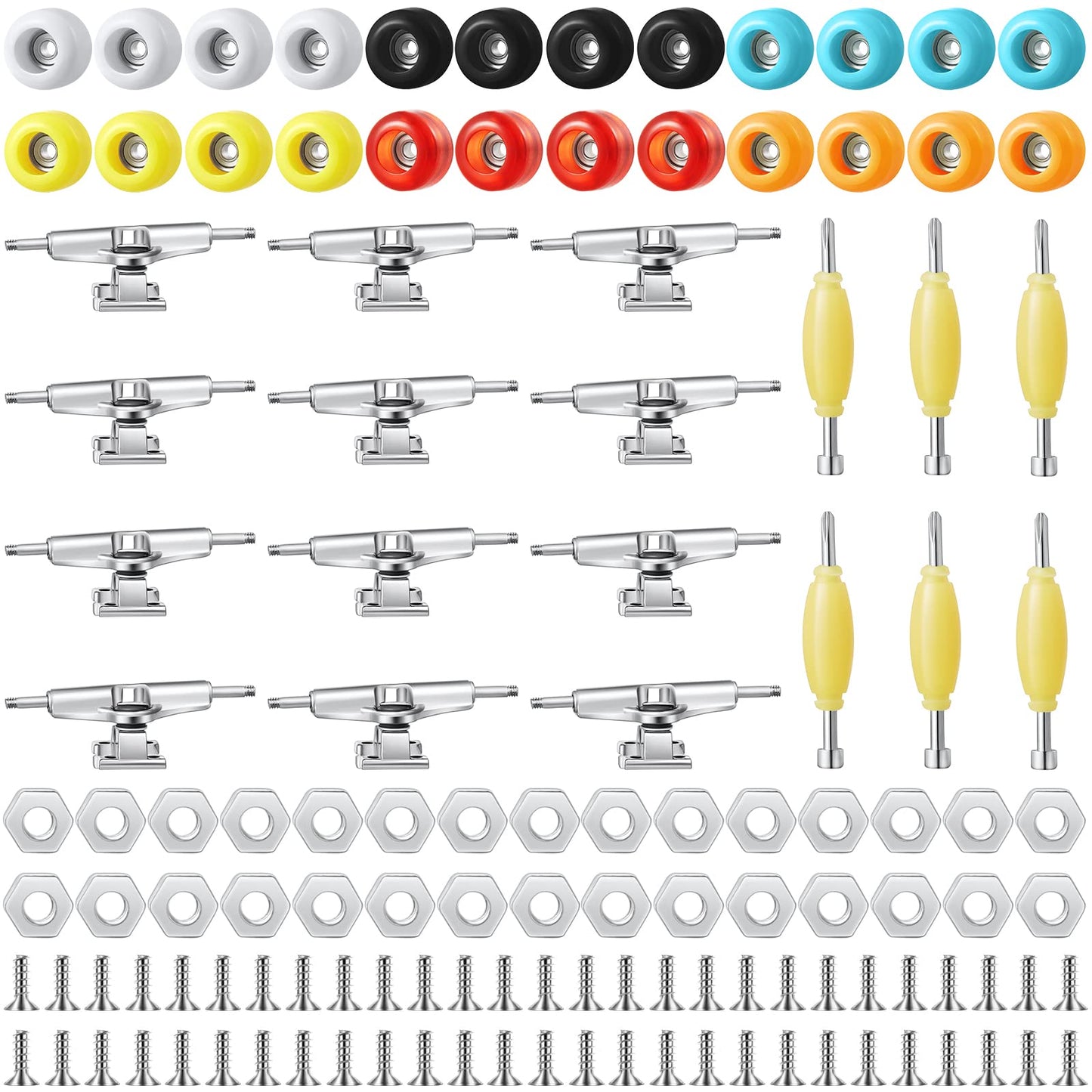 Jexine 6 Sets Diy Fingerboard Kit Fingerboard Accessories Mini Finger Skateboard Parts Include 12 Brackets 54 Screws 30 Nuts 6 Screwdriver 24 Board Wheels Tool For 96Mm(Colorful)