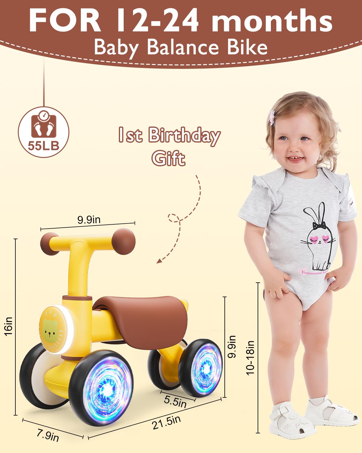 Balance Bike Toys For 1 Year Old Boy, Toddler Toys For 1 Year Old Girls Gifts, Toddler Bike With Colorful Glow Wheel, Soft Music