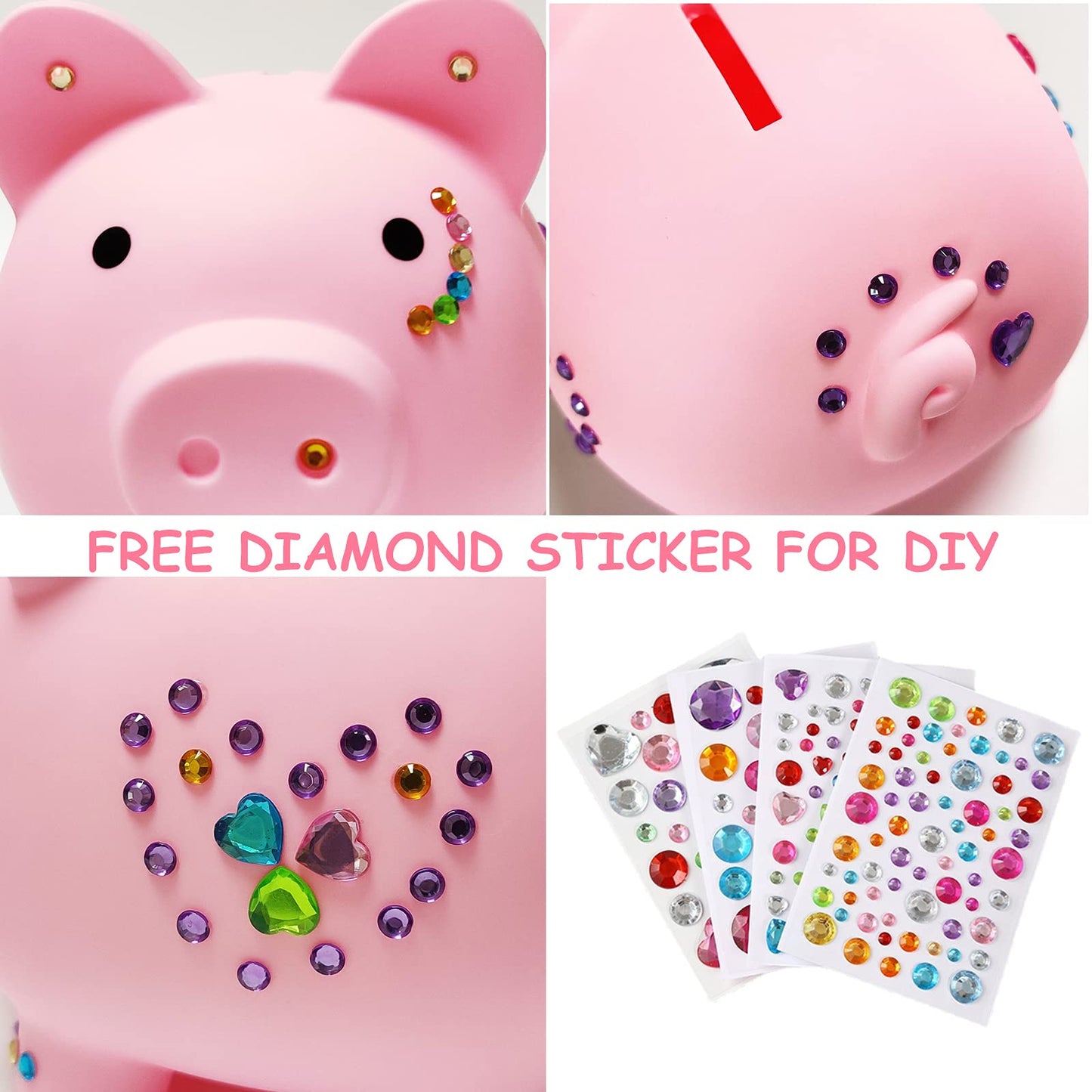 PJDRLLC Large Piggy Bank - Unbreakable Plastic Coin Bank for Kids, Pink, Model FD-61