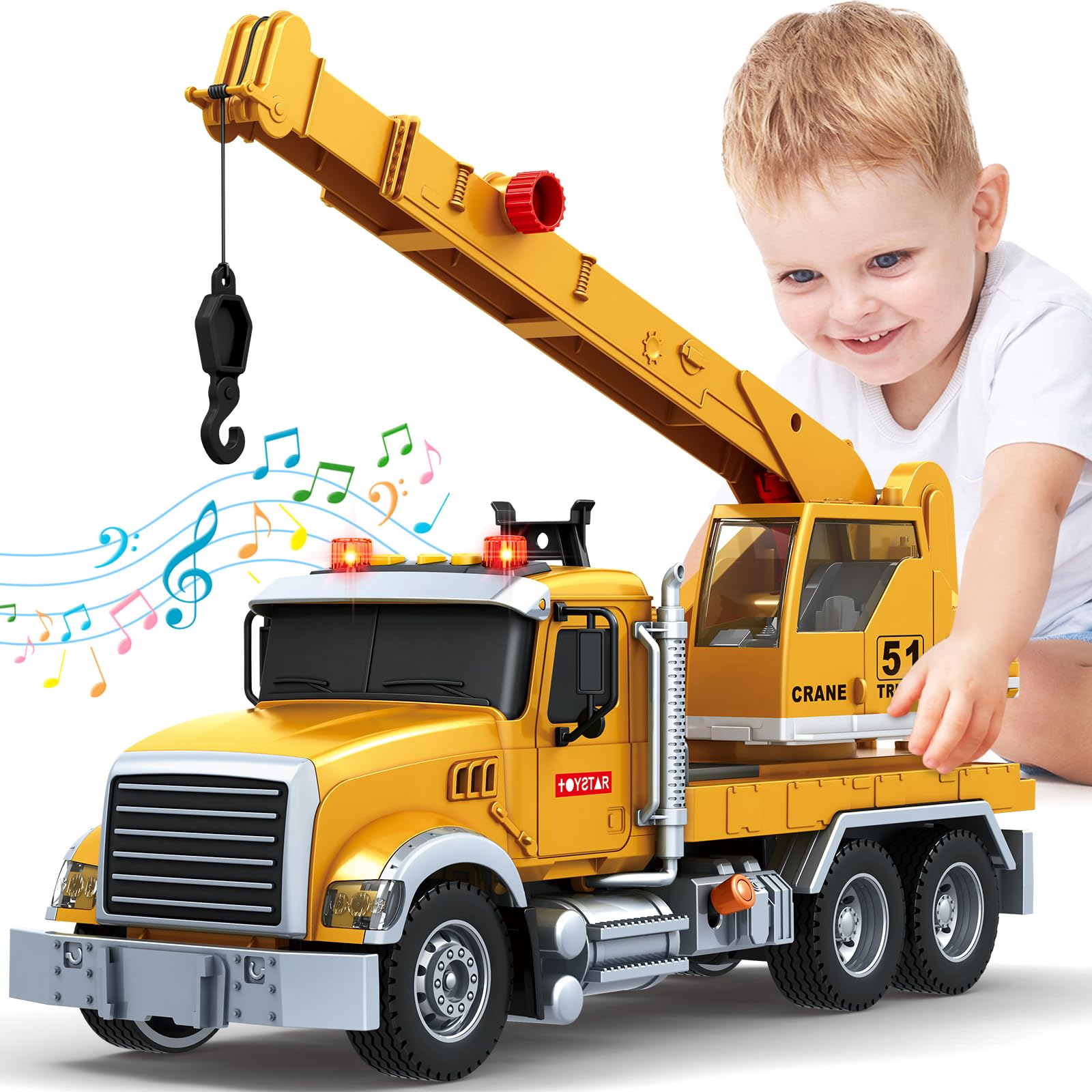 Kids Toys for 3 4 5 6 7 8 Years Old Boys, Crane Truck Toy with Lights, Sounds, Toddler Friction Powered Truck Vehicle Toy for Bo