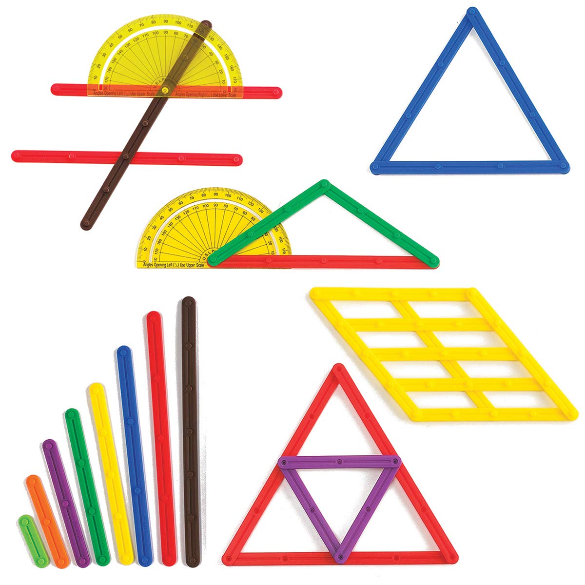 LEARNING ADVANTAGE GeoStix Basic Set - 80 Plastic Construction Sticks, 24 Activity Cards, 2 Protractors - Geometry Teaching Tools