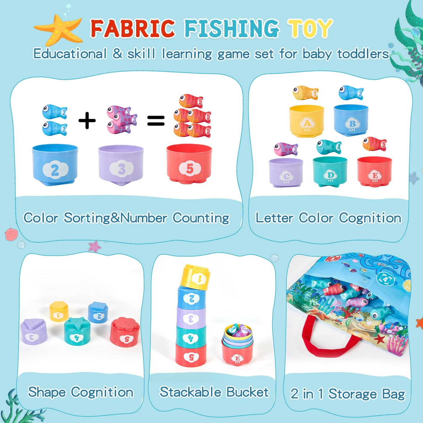 Metyniete Toddler Toys Montessori Toys For 1 2 Year Old Boy Girl Birthday Gift Fabric Fishing Game For Toddlers 1-3 Toys With St