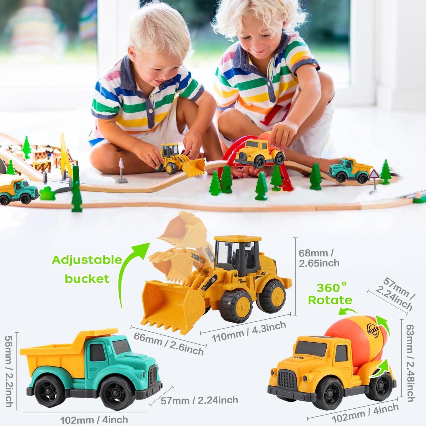 Toddler Toys for Ages 2-4, Kids Toys for 2 3 Year Old Boy Girls,Dump Truck Cement Mixer Excavator Toy Cars Set, BPA Free, Phthal