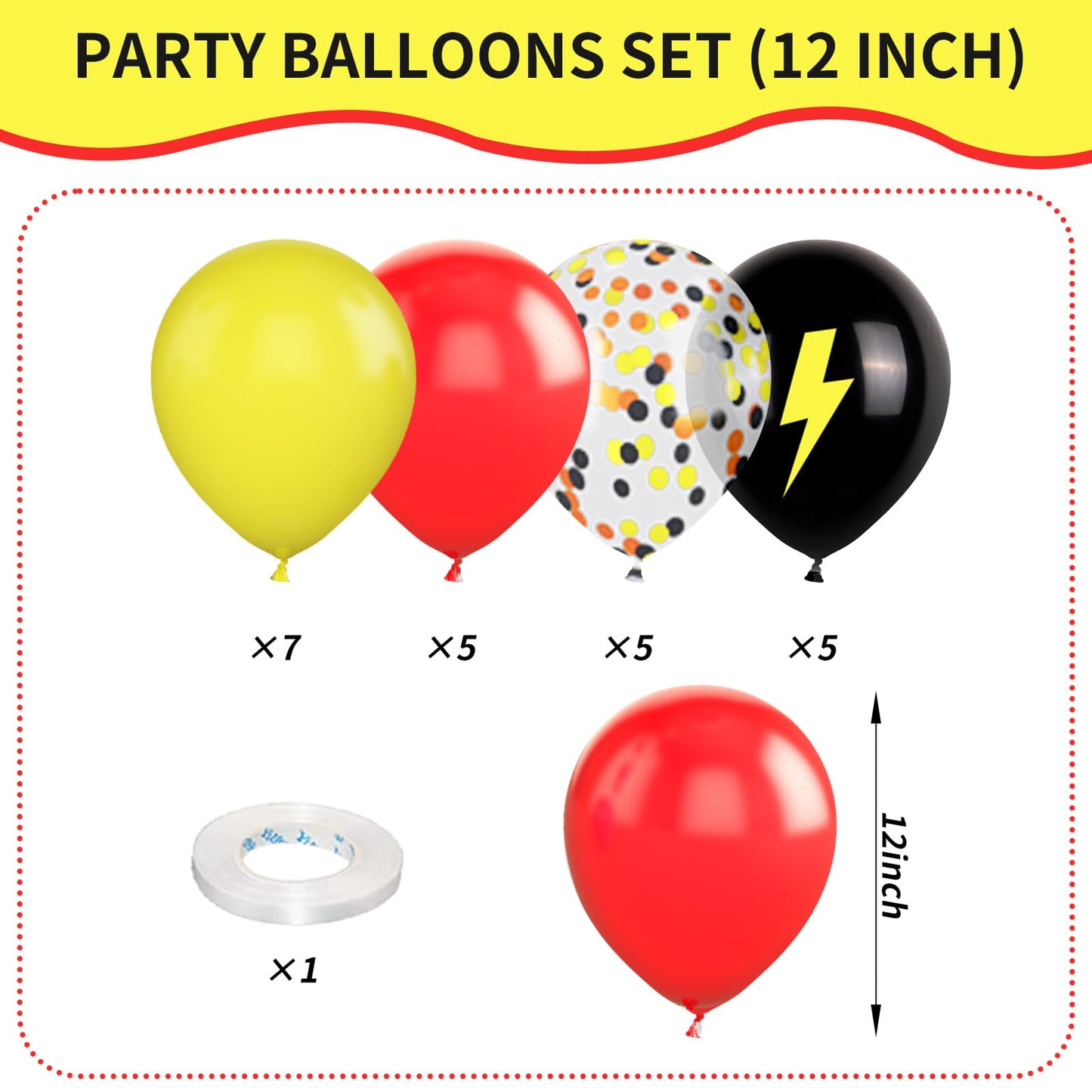 Red Black Yellow Balloons,12Inch Poke Cartoon Balloons Lightning Printed Party Balloons Confetti Black Yellow Decoration For Boy