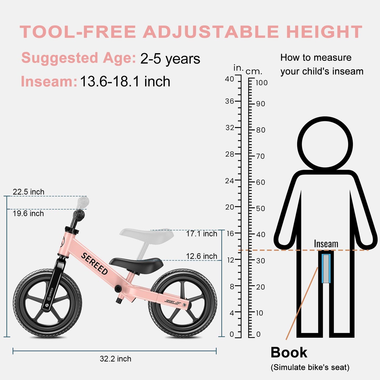 Sereed Toddler Balance Bike 2 Year Old, 12 Inch No Pedal Kids Toy Bike For 2-5 Years Old, Tool-Free Adjustment, Gift For 2-3 Gir