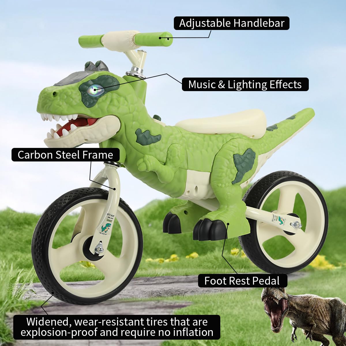 VIZZTY Dinosaur-Themed Balance Bike for Kids, Green, Adjustable Handlebar, Music & Lighting Effects, No-Pedal Training, Ages 3-7