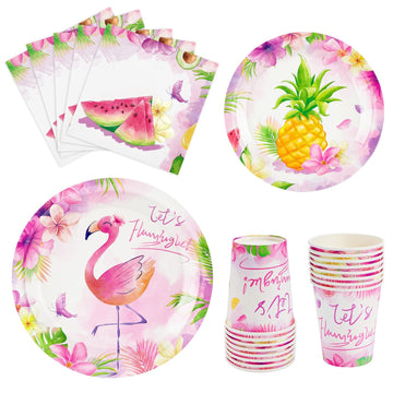 Wernnsai Flamingo Party Supplies - 64Pcs Tropical Hawaiian Luau Party Decorations Disposable Party Plates Napkins Cups Pink Tableware Set For Kids Girls Baby Shower Birthday Party Decor