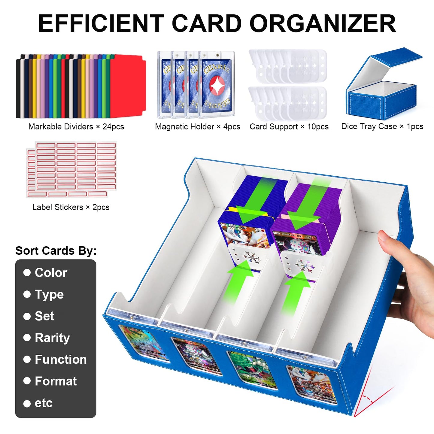 GEAoffice Trading Card Storage Box for 3200+ Cards With Display Windows  enhanced MTG Commander Deck Box With Card Supporters & Divider  Commander Storage box for YuGioh  TCG  Magic Game  Blue/White