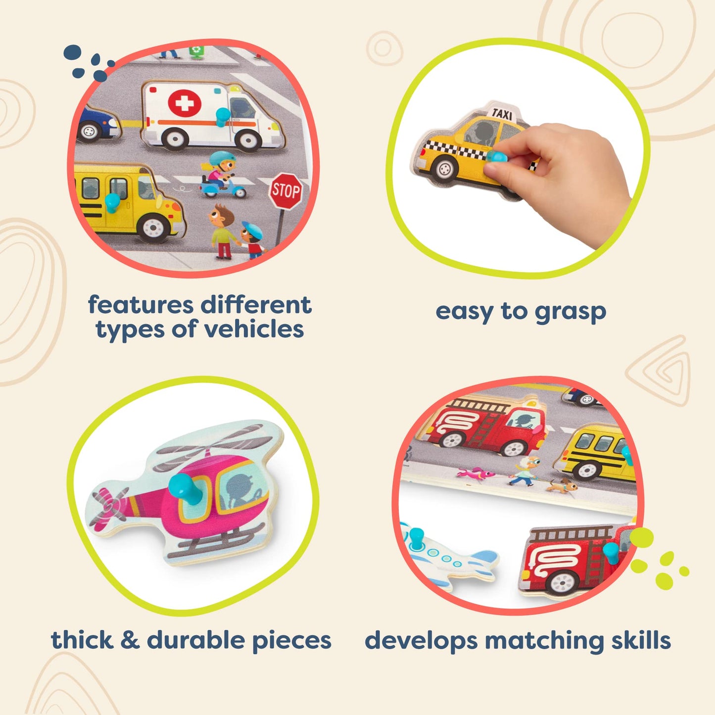 B. Toys- Peek & Explore - Vehicles- Wooden Peg Puzzle – Vehicle Puzzle For Toddlers, Kids – 8 Puzzle Pieces – Fire Truck, Airplane, Taxi & More – 2 Years +