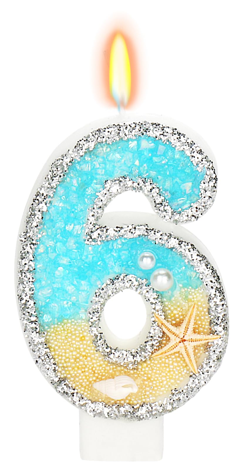 ElekFX 6th Birthday Candle for Cake, Beach Starfish Sequins Number Cake Candles, 2.76 inch Number 6 Moana Birthday Decorations, 