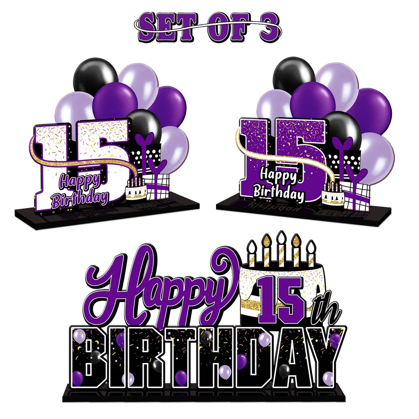 Lingteer Happy 15Th Birthday Purple Acrylic Table Topper Centerpieces Set - Cheers To Fifteen Years Old Birthday 15Th Bday Party Gift Decorations.