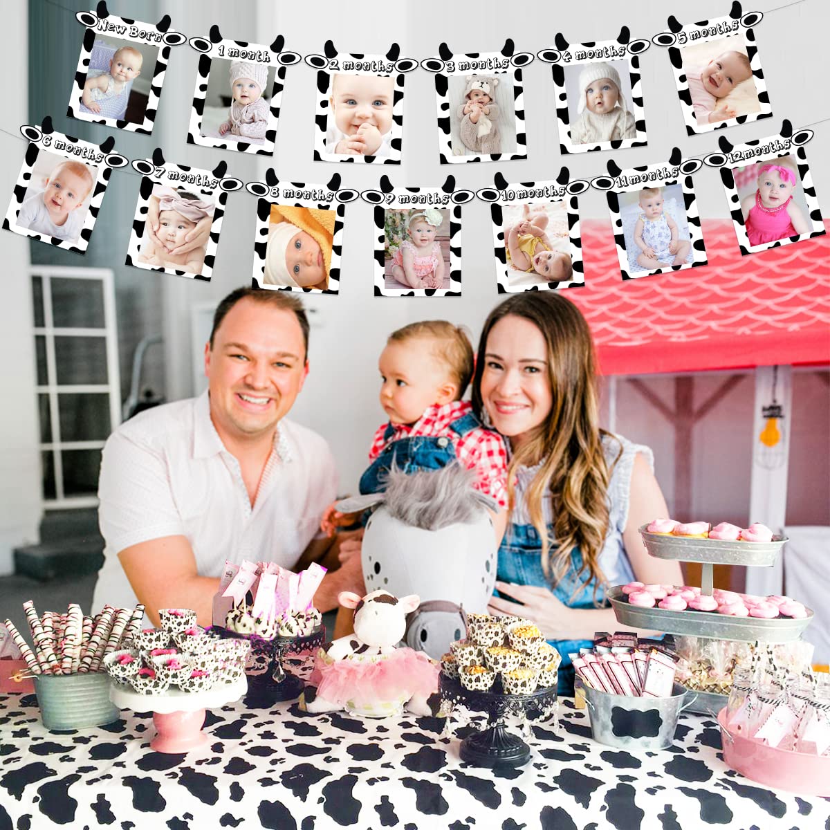 JOYMEMO 13PCs Cow 12 Month Photo Banner - 1st Birthday Baby Banner for Newborn to 12 Months, Cow Print Birthday Party Decoration