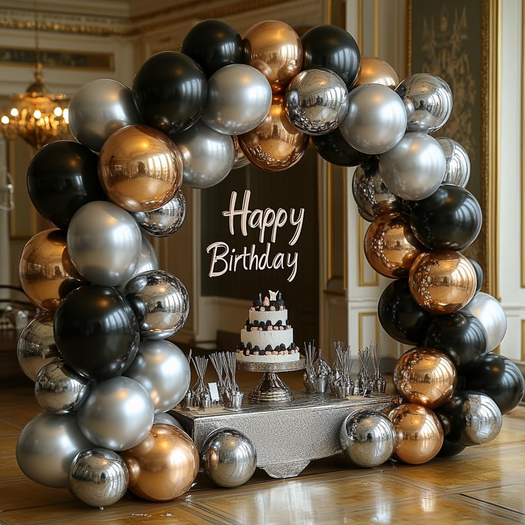 Bezente 12" Black Silver Confetti Latex Balloons, 60pcs Rubber for Birthday, Baby Shower, Wedding, Silver Theme Party Decor