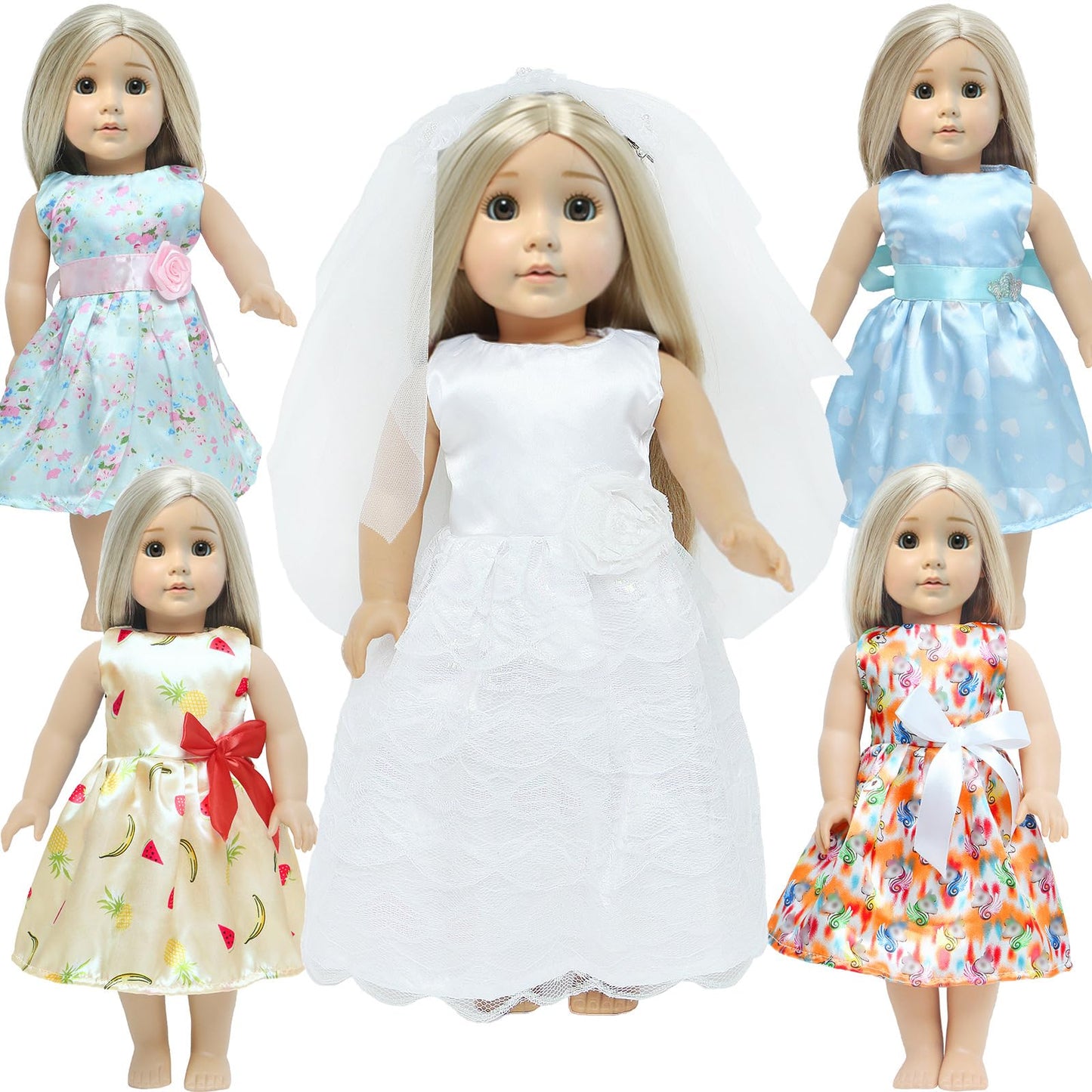 Mczqxw 5 Sets 18 Inch Girl Doll Wedding Gown, Fashion Doll Dresses, Doll Clothes & Accessories, 1 Bride Gown With Veil, 4 Satin