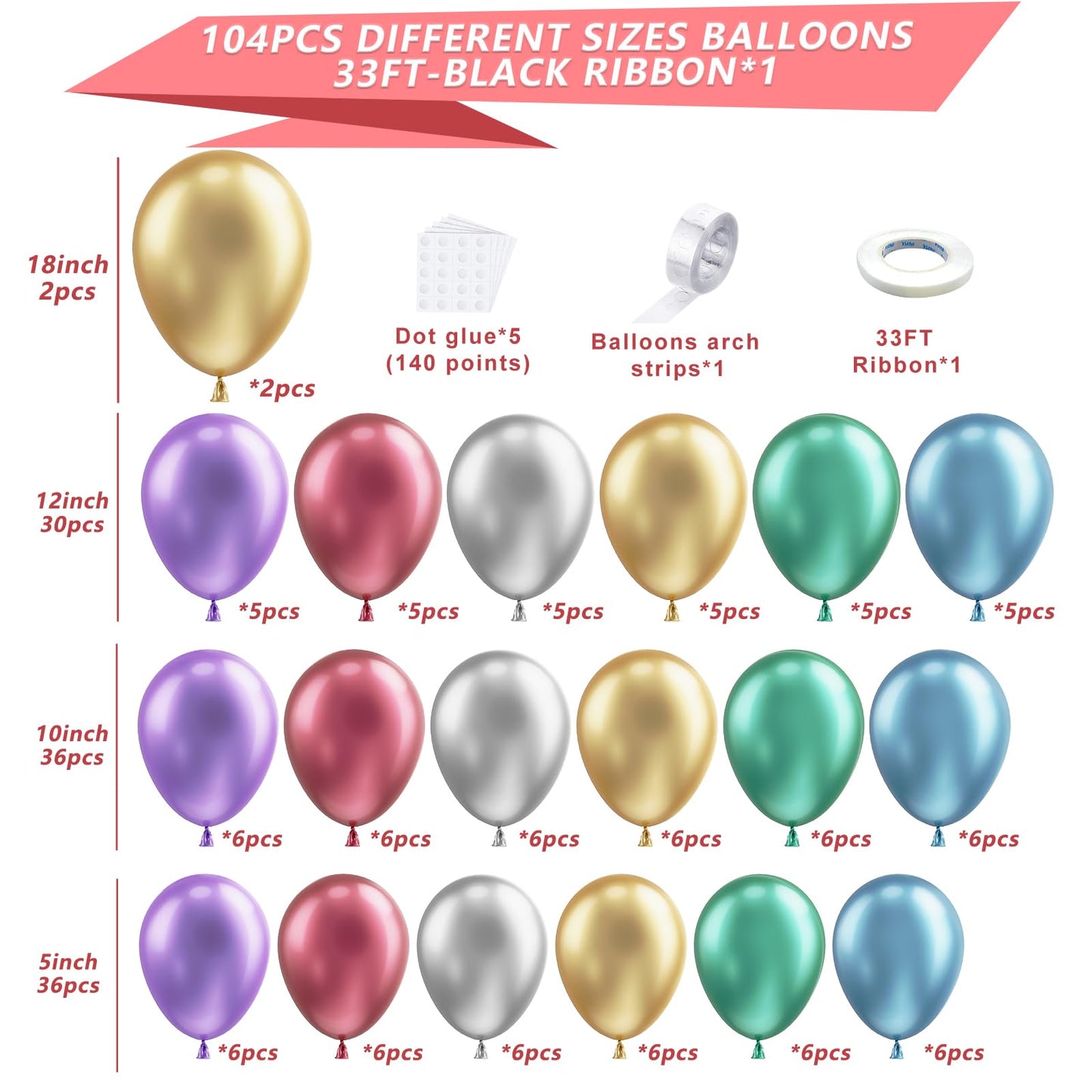 Nisocy Metallic Balloons Arch Garland Kit, 104Pcs 18In 12In 10In 5In Chrome Gold Silver Green Purple Red Balloons For Engagement