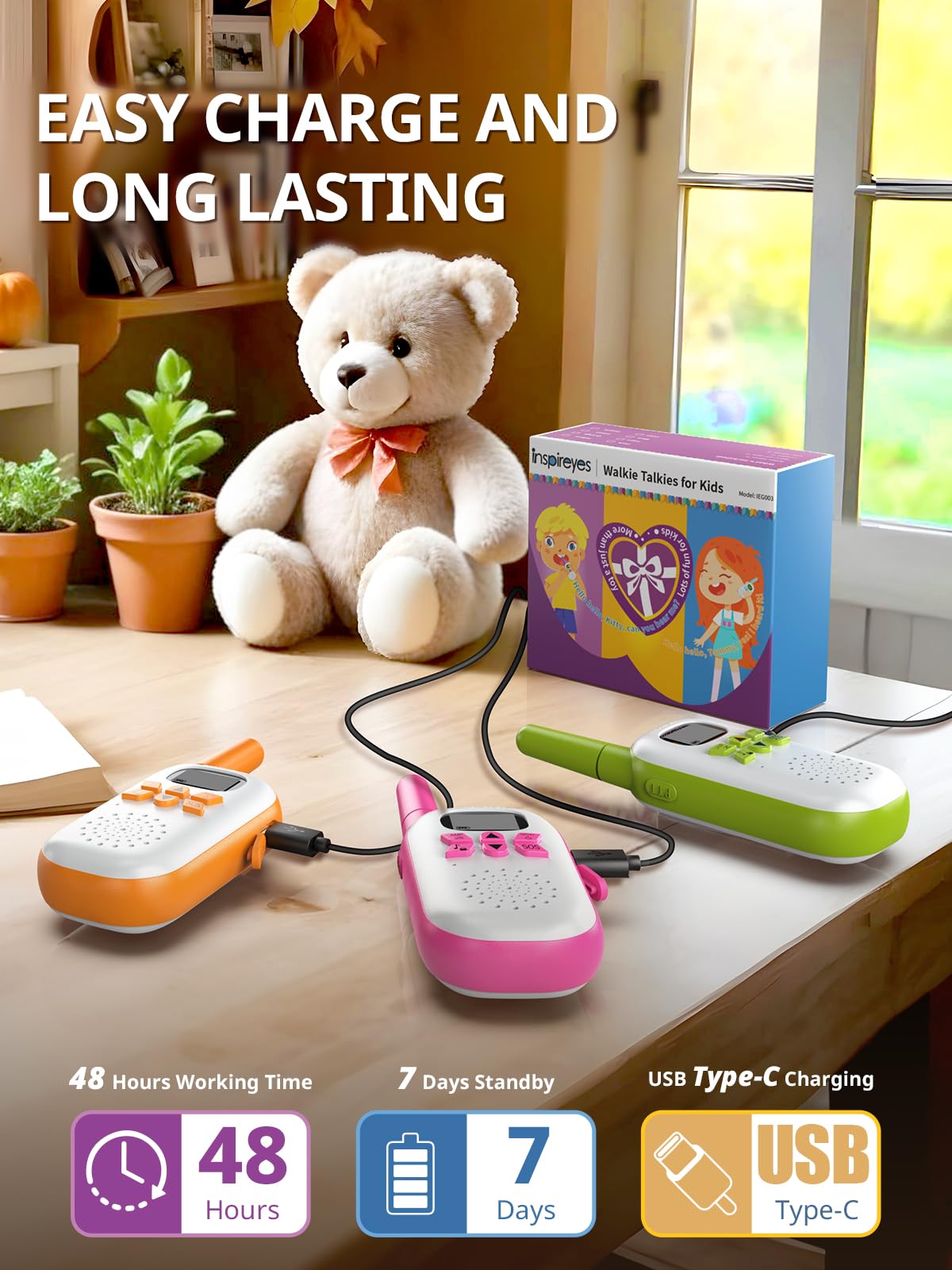 Inspireyes Walkie Talkies for Kids - 3 Pack Rechargeable 2-Way Radios, Pink Green Orange, Ages 3-12, Perfect for Outdoor Play and Family Games