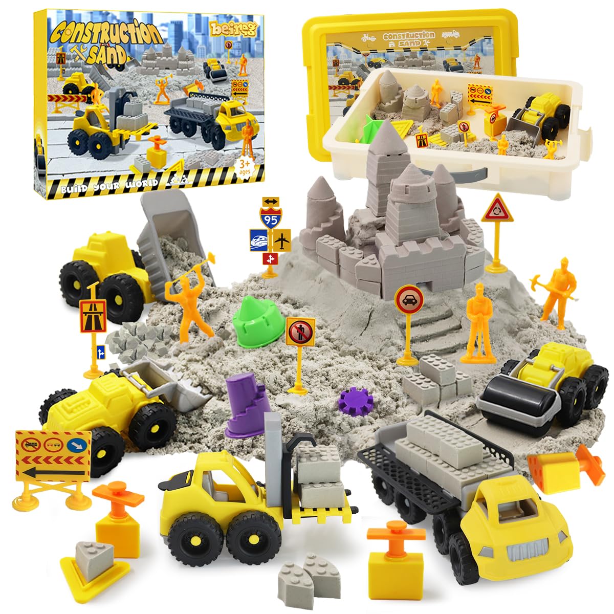 BEIREG Magic Sand Construction Kit, 3lbs Sand with Sandbox, 5 Detachable Construction Vehicles, 4 Brick Molds, 7 Castle Molds, 8