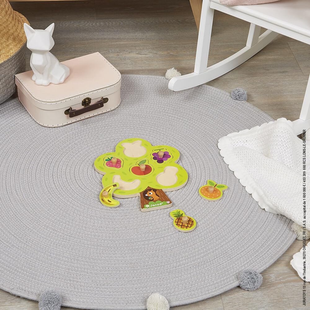 Janod 6Piece Fruit Tree Puzzle Themed Wooden Peg Colorful Jigsaw Puzzle - Encourages Shape Recognition, Dexterity, & Language De