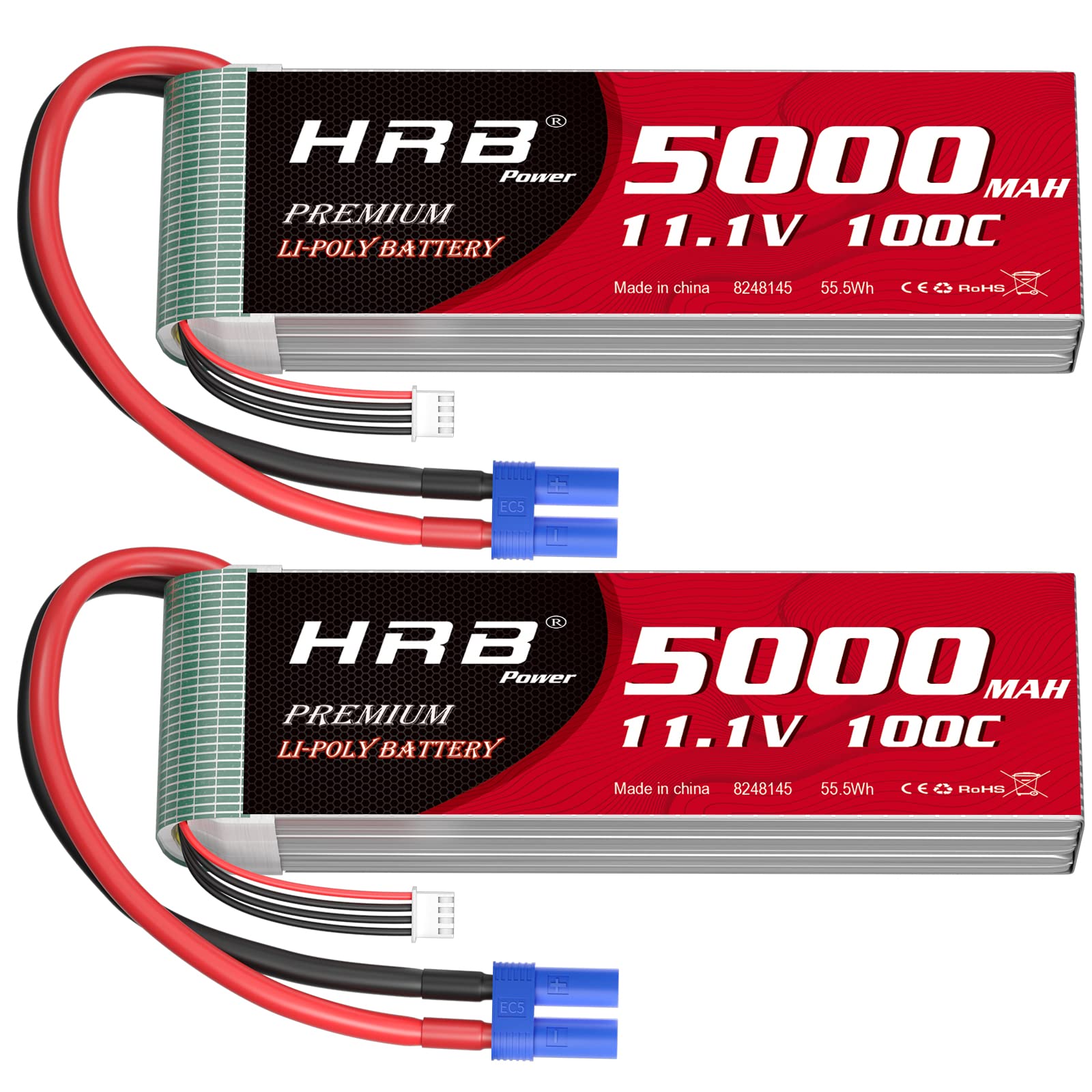HRB 3S 5000mAh Lipo Battery EC5 100C 11.1V RC Lipo Battery Compatible with RC Car RC Plane RC Truck RC Boat (2packs)