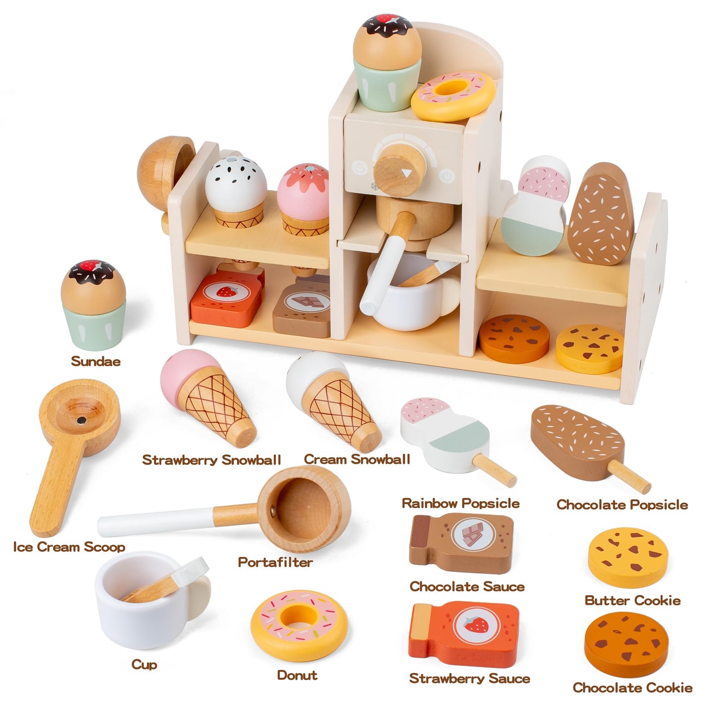 Wooden Ice Cream and Coffee Play Set for Kids, Pretend Play Toy Ice Cream Shop & Coffee Maker for Toddlers Ages 3-5, for Boys &