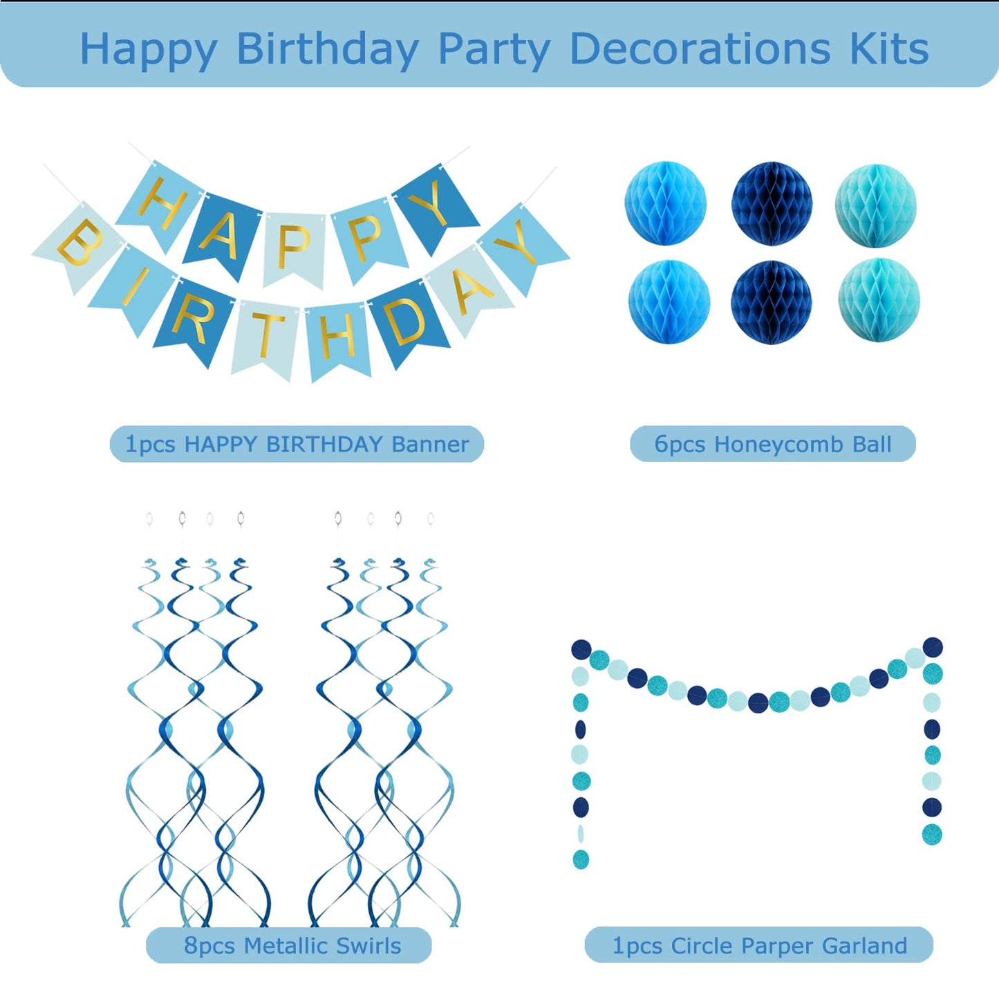 Blue Birthday Decorations with Happy Birthday Banner, Paper Honeycomb Balls, Circle Garland and Hanging Swirl Decorations, Birth
