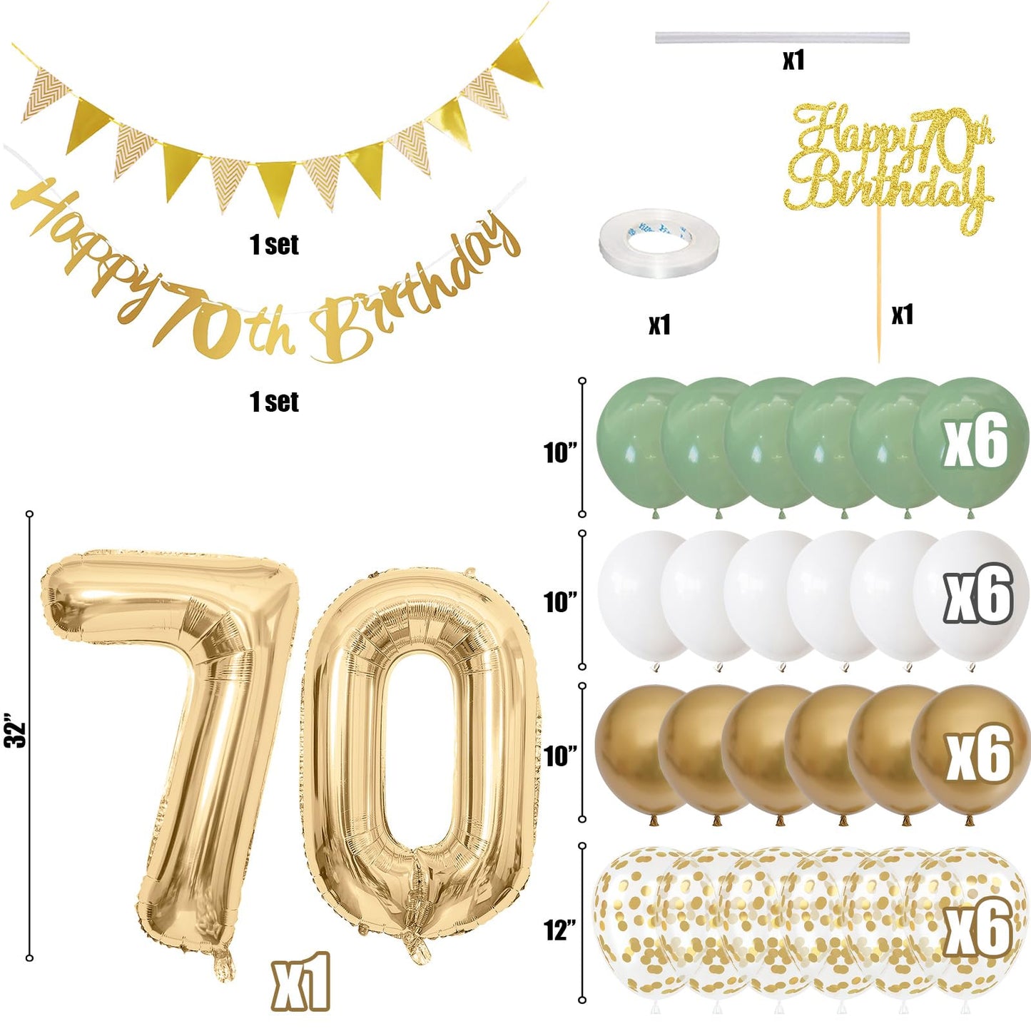 70Th Birthday Decorations For Men Women, Sage Green White Gold Birthday Balloons With Happy 70Th Birthday Banner 70Th Birthday C