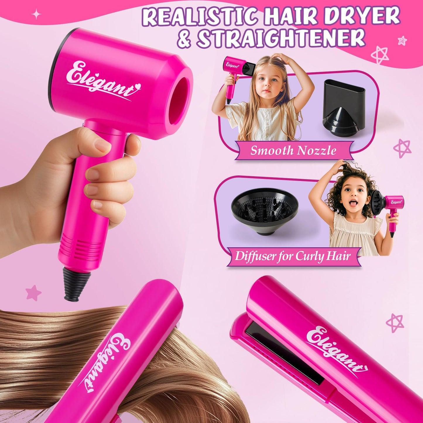 Cleboen Hair Styling Doll Head Makeup Kit for Girls - 35PCS, 9.1" Pink Plastic Hair Salon Playset with Hairdryer & Nail Polish
