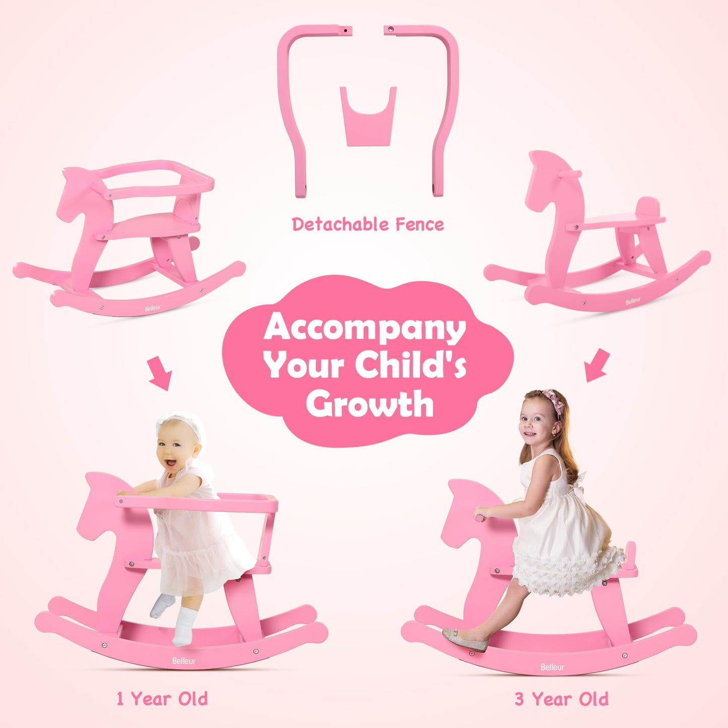 Belleur Wooden Rocking Horse For Toddler 1-3 Year Old, Baby Wood Ride-On Toys With Removable Fence For Indoor & Outdoor Activiti