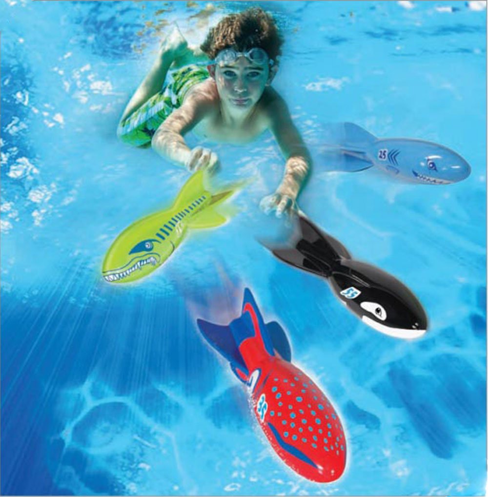 BANZAI Swimming Pool Diving Toys - Torpedo Beasts Sharks, 4 Pack, Multi, Plastic, Ages 3+
