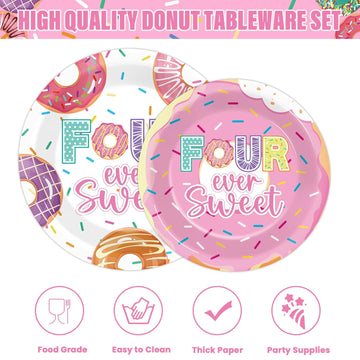 96 Pcs 4Th Birthday Donut Party Decoration For 24 Guests Four Sweet Donut Plates Napkins Donut Themed Tableware Set Table Supplies 4Th Birthday Pink Party Favor For Girls Kids Sweet Donut Party