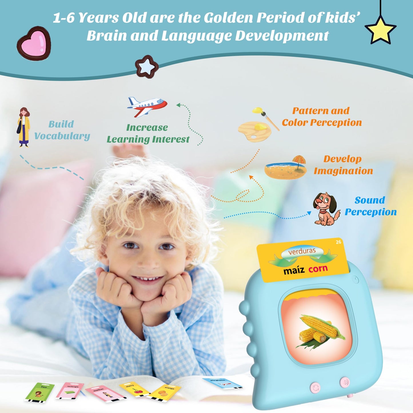 Spanish Flash Cards For Kids, Bilingual Buddy Talking Flash Cards For Toddlers 1 2 3 4 5 Years Old, Audible Learning Spanish For