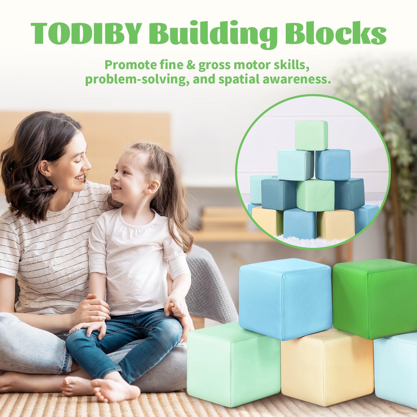 Todiby Foam Building Blocks for Toddlers:12-Pieces Wipeable Leather Stacking Cubes Kids - Large Soft Toys Play Set for Learning Construction Baby Preschool Daycare Therapy Birthday Gift (Yellow Green)
