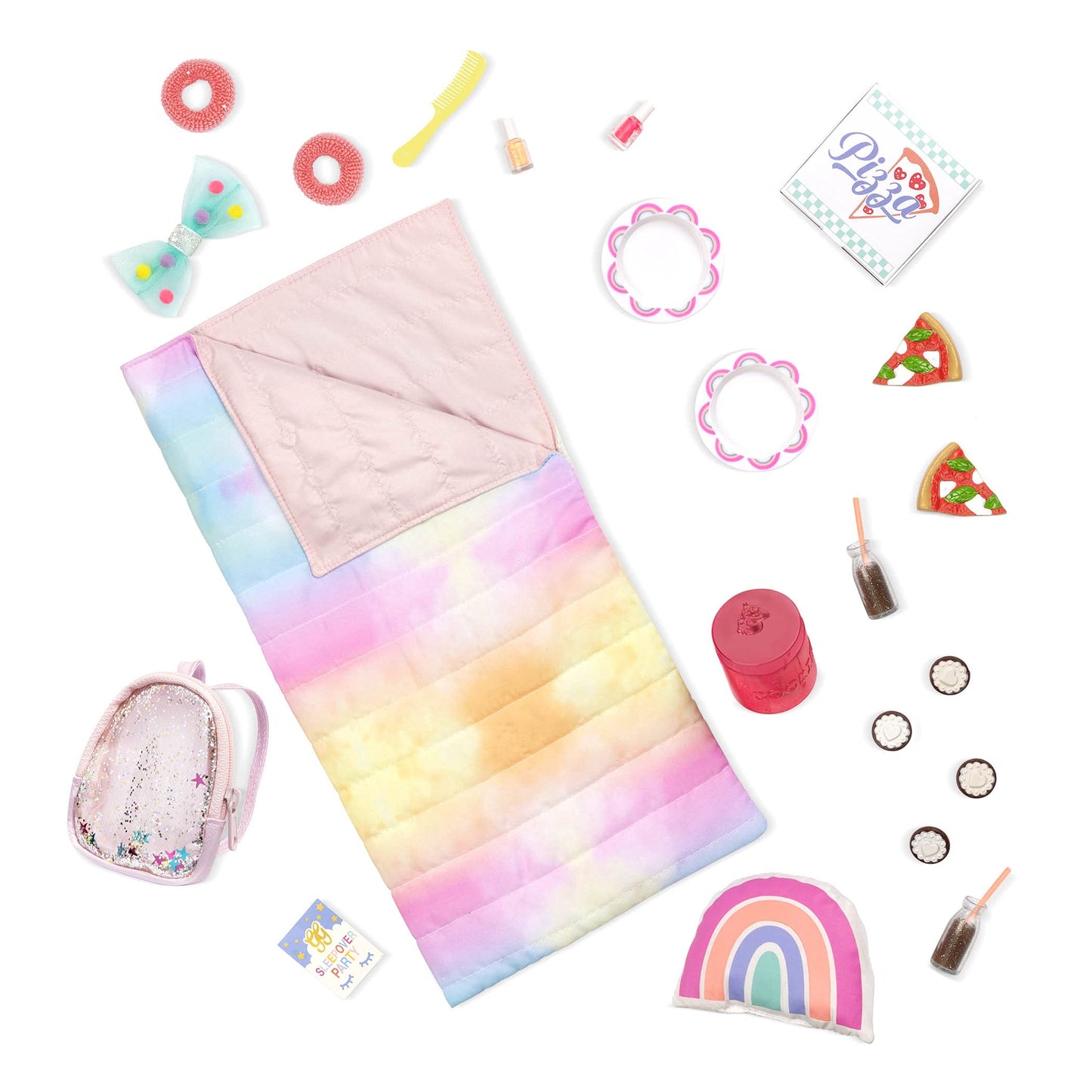 Glitter Girls Sleepover Party Set – Tie-Dye Sleeping Bag, Rainbow Pillow & Pizza Play Food – Doll Accessories for Kids 3+ Years