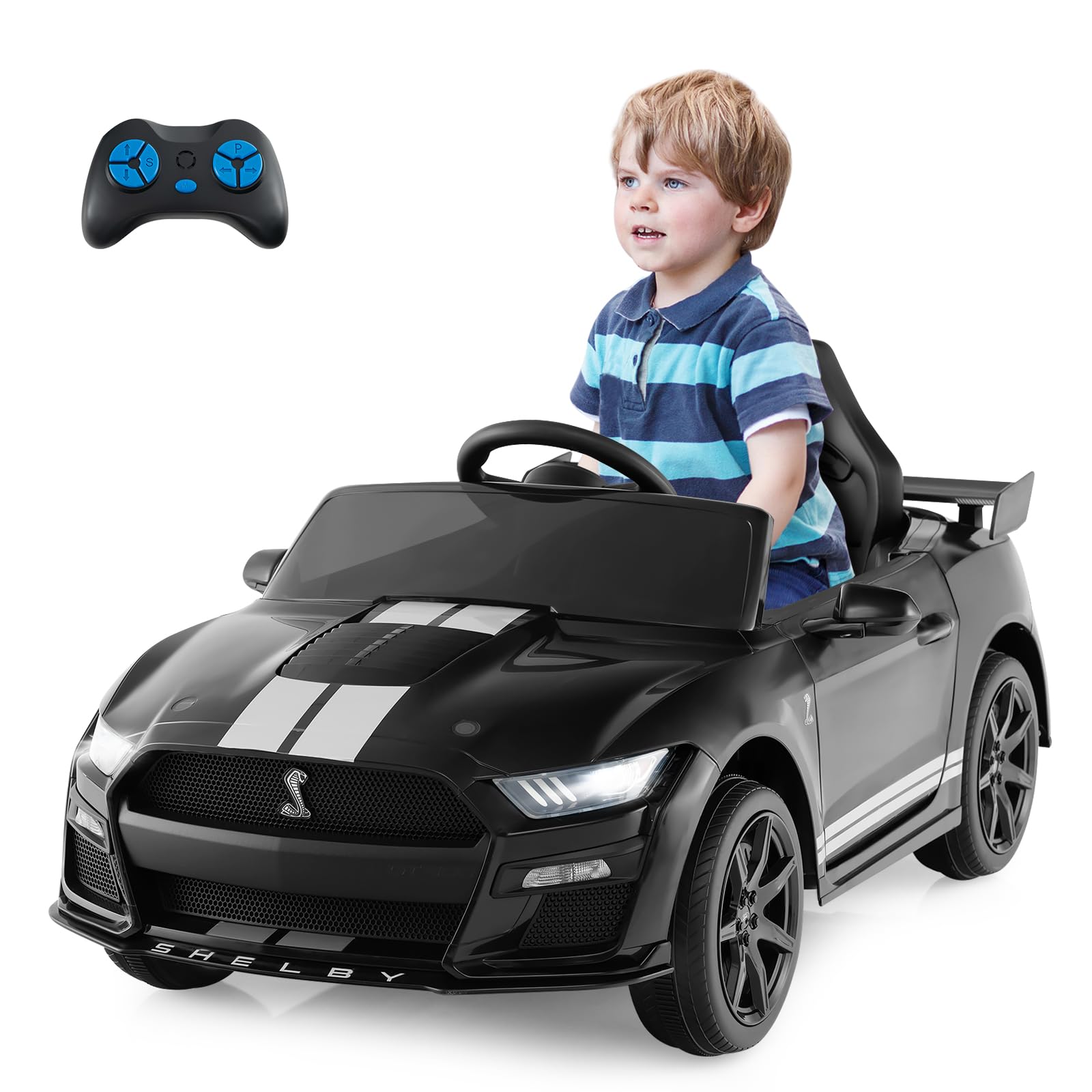 Costzon Ride on Car  12V Licensed Ford Mustang Shelby GT500 Kids' Electric Vehicles w/Remote Control  USB Port  Radio  Music  Player  High Low Speed & Soft Start  Racing Kids Car for Toddler (Black)