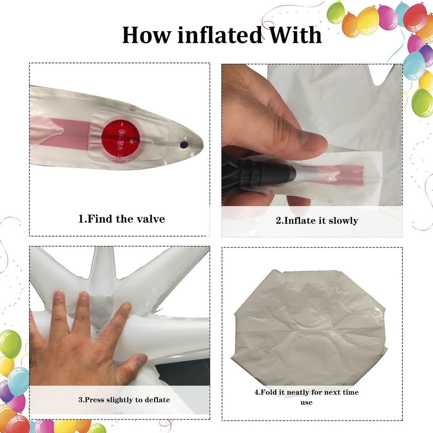 6 Pcs White Star Foil Balloons One-Piece 14-Pointed Star Balloons 4D Starburst Cone Mylar Balloons 22Inch Christmas Birthday Wed